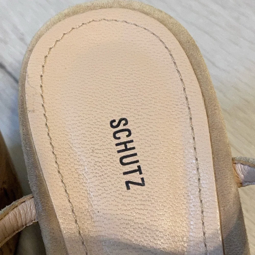 SCHUTZ Tan Cork and Suede Ankle Strap Platform Sandal, Size 8.5B